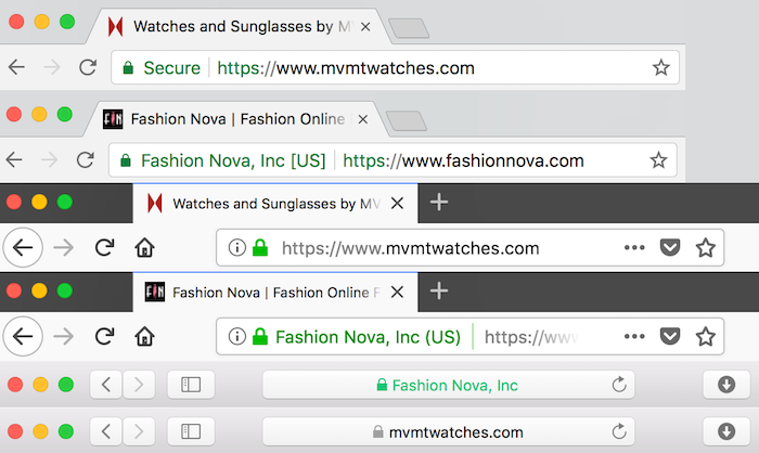 Они появляются в окне URL всех основных браузеров в виде зеленой блокировки, зеленого текста или сообщения «Secure»: