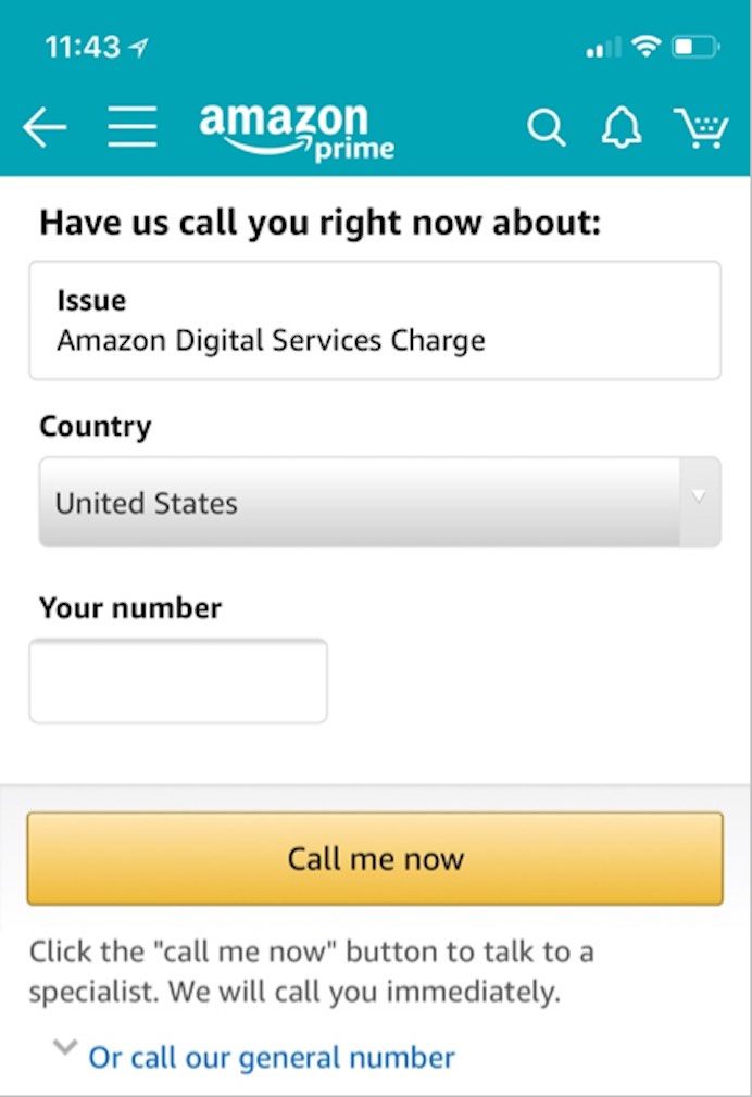 На странице контактов в мобильном приложении Amazon пользователям предлагалось указать свой номер телефона, а не номер телефона службы поддержки